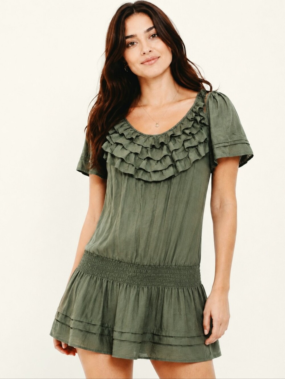 Vertigo Womenโs Olive Green Ruffle Short Sleeve Smocked Waist Dress